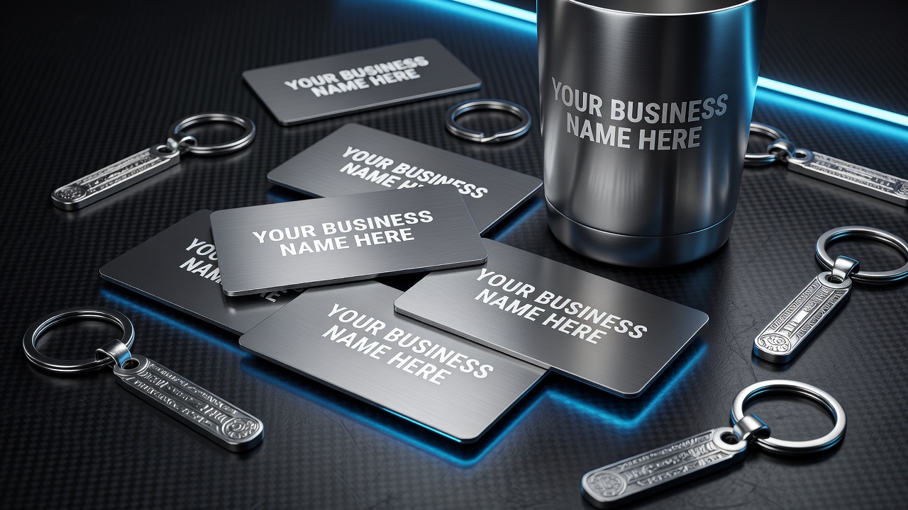 Sample metal products laser-etched with YOUR BUSINESS NAME HERE